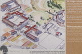 <center>Le site archéologique d'Alba</center>Vestiges monumentaux.
Vous voici au cœur de la ville antique. où se troiuve l'imposant centre monumental, haut de plusieurs mètres, ce qui contraste avec les vestiges contemporains. Ici, les Helviens se retrouvent pour débattre dans la curie, mais aussi dans d'autres bâtiments publics plus énigmatiques. Ils ont laissé de nombreuses traces de leur passage : pièces de monnaie, bijoux, céramiques, outils...
Des galeries couvertes, appelées portiques, permettaient de circuler à l'abri du soleil entre le jardin et les pièces ornées de marbre ou d'enduit peint.
