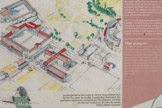 <center>Le site archéologique d'Alba</center>Le temple.
Au cœur de la ville, un temple relie les bâtiments administratifs au forum (dont les vestiges peu visibles se trouvent derrière vous). Les Helviens adoptent la culture romaine : ils mêlent religion et exercice de la citoyenneté en plaçant le centre monumental, et donc la vie publique, sous protection divine.
Les croyants déposent des offrandes à l'extérieur de l'édifice, révélant ainsi leur niveau de richesse, De forme classique, ce temple se compose de deux pièces : un porche, le pronaos, et une salle, la cella qui renferme la statue du dieu. Cet espace est réservé aux prêtres et les fidèles ne peuvent pas y pénétrer.