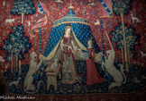 <center>Tapisseries de la Dame à la licorne  </center> Le blason se trouvant sur les différentes tapisseries les ont fait attribuer à un membre de la famille Le Viste. Le consensus a conduit à admettre qu'elles avaient été commandées par Jean IV Le Viste, magistrat de haut rang d'origine lyonnaise, président de la Cour des Aides de Paris depuis 1484, mort en 1500. À la suite d'héritages successifs11, elles passèrent des Le Viste aux Robertet, aux La Roche-Aymon, puis aux Rilhac, qui les firent transporter dans le courant du XVIIIe siècle dans leur château de Boussac où elles furent récupérées par Mérimée, après que George Sand en ait parlées en 1844.