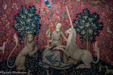<center>Tapisseries de la Dame à la licorne  </center> La vue : la licorne se contemple dans un miroir tenu par la dame. La licorne est le symbole de la pureté. On prêtait à sa corne des vertus magiques, en particulier dêtre un antidote contre les poisons. Le lion symbolise la justice, la force, la sagess.