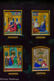 <center>Le château de Chantilly. </center> Le Santuario. Les miniatures de Fouquet Jean qui décorent le Livre d'heures d'Étienne Chevalier, entre 1452 et 1460. En haut, Présentation d'Étienne Chevalier à la Vierge par saint Étienne qui lui pose la main sur l'épaule. La Vierge Mère. En bas, le mariage de la Vierge et l'Annonciation.