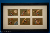 <center>Cartes réclames</center>France
Fin du 19e siècle Chromolithographies
Mucem, Marseille. <br> De gauche à droite, de haut en bas : Monsieur Prudhomme avait promis la lune à son fils ; Il salue Mr le Soleil ; Il est renversé par un aérolithe ; Sa jambe heureusement s’était engagée dans l’étrier ; Il se rattrape à la queue d’une comète ; Dans la vie mon fils on réussit toujours avec de la persévérance.