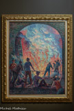 <center>Maximilien Luce (1858 -1941)</center>L’Aciérie 1895
Huile sur toile. <br>
Sensible à la grandeur de l'univers du travail, Maximilien Luce est fasciné par l'exploitation du charbon, notamment en Belgique où le paysage est façonné par l'activité des charbonnages et des aciéries. L'œuvre présentée ici appartient à une première série de tableaux consacrés aux environs de Charleroi.
S'il soutient sans relâche les revues anarchistes, auxquelles il donne des dessins engagés contre l'État bourgeois, l'artiste se montre moins militant dans ses œuvres peintes. Pas de misérabilisme ni d'héroïsme dans cette scène où les ouvriers qui contemplent le métal en fusion sont tout simplement fascinés par le spectacle qui s'offre à eux.