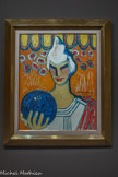 <center>Alexis Mérodack-Jeaneau  (1873-1919)</center>Clown à la boule bleue 1906
Huile sur toile. <br>
Alexis Mércdack-Jeaneau, figure singulière de l'avant-garde française, réalise en 1907 cette œuvre emblématique de sa quête de modernité. La vigueur de sa composition est frappante : le corps sculptural se détache du fond abstrait, opposant sa position statique et le mouvement inhérent de la sphère. L'équilibriste au regard sombre face à sa réflexion sur la boule devient une métaphore de la condition ce l'artiste. Mérodack-Jeaneau privilégie de grands aplats colorés, des lignes dynamiques et une palette vive, héritée de Gauguin et du symbolisme de Moreau, mais d'où l’on perçoit également la radicalité du fauvisme et de l'expressionnisme.
