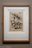 <center>« Don Quichotte assiégé par les monstres »</center>Félix Bracquemond (graveur) D’après Francisco de Goya Auguste Delâtre (imprimeur)
France, vers 1860
Gravure sur cuivre à l’eau-forte,
à l'aquatinte et à la pointe sèche
Collection cervantine de José Manuel Lucia Megias, Espagne
Don Quichotte, d’un doigt autoritaire, désigne le livre comme pour faire la leçon. Des figures monstrueuses et érotiques planent au-dessus de lui. Le vieil hidalgo représente ici la sotte crédulité, les aberrations que produisent les œuvres du passé lorsqu’elles ne sont pas soumises au crible de la raison. Goya, homme des Lumières hanté par les ténèbres de l'esprit humain, voit en don Quichotte le « sommeil de la raison (qui] produit des monstres », comme dans Les Caprices. Mais les chimères des songes pourraient aussi engendrer une imagination fertile !