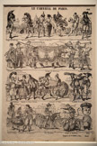 <center>« Le Carnaval de Paris »</center>Paulin Didion (imprimeur, éditeur)
Metz, France, 1869-1879 Lithographie sur papier.
Mucem, Marseille. <br> De haut en bas : Dragon de Louis XVi, Marquis de la Galette, Chicard et Chicarde, Polichinelle, Pierrot, mousquetaire de Mazarin ; Colombine et Débardeur, cortège du Boeuf gras, sonneurs de trompe ; Diafoirus, Haydée et Monte Cristo, Arlequin et Folie, capitaine Fracasse ; Fanfan la Tulipe, Vivandière et Mousquetaire, Don Quichotte, Diable te Diablotin, Bébé.