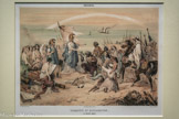<center>Conquête et civilisation (5 juillet 1830). </center>Frontispice de L’Algérie historique, pittoresque et monumentale. Victor Adam (France, 1801 -1866)
1843, Paris, France
Fac-similé d'une lithographie sur papier
Mucem, Marseille, dépôt de Montpellier Méditerranée Métropole
La conquête de l’Algérie par la France commence en 1830. La scène ici représentée évoque la soumission du régent d’Alger Hussein Dey, le 5 juillet 1830. La France y est représentée par des figures vêtues à l’antique, apportant les arts, les sciences et la paix aux Algériens.
Cette image de propagande dissimule la violence de la colonisation, tout comme la résistance conduite par l’émir Abd el-Kader.