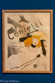 <center>Musée Toulouse-Lautrec</center>Henri de Toulouse-Lautrec
Confetti
1894
Lithographie au pinceau, au crachis et au crayon, en trois couleurs (pierre de trait en vert olive foncé, pierres de couleurs en jaune et rouge-brun)
Albi, musée Toulouse-Lautrec.
Donation de la Comtesse de Toulouse-Lautrec et famille, 1922
Réalisée pour des papetiers anglais, cette affiche promeut leurs confettis en papier de couleur. Récemment inventés, ils remplacent les formes antérieures en plâtre coloré, dangereuses, qui nécessitaient le port d’un masque protégeant les yeux et avaient été interdites en France. Toulouse-Lautrec imagine une composition tout en légèreté. Il met en scène une jeune femme, pour laquelle l’actrice Jeanne Granier a servi de modèle, qui semble flotter sous une pluie de confettis s’échappant de mains ouvertes.
