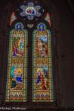 <center>Saint-Antonin-Noble-Val </center>Les apparitions de la Vierge. En haut, le couronnement de la Vierge. A gauche, en haut, deuxième apparition à Bernadette Souibirous, en bas, la Vierge donne le rosaire à Saint Dominique. A droite, en haut, apparition à La Salette à deux enfants, en bas, donation du scapulaire à St Dimon Stock.