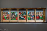 <center>Le musée Goya.</center>Maître d’Alcira
ÉCOLE DE VALENCE - XVIe SIÈCLE
Prédelle
VERS 1526 HUILE SUR BOIS
Cette œuvre attribuée au Maître d’Alcira, actif à Valence dans les années 1520-1530, se compose de cinq panneaux séparés par des pilastres qui représentent des personnages de l’Histoire ou des saints martyrs : sainte ngracia et saint Jacques représenté en soldat ; saint Jérôme pénitent ; La Déploration du Christ mort ; Le roi David (?) et saint Roch ; et deux saintes martyres non identifiées.
Cet artiste, probablement lié à Vicente Macip, a perpétué l’art de Léonard de Vinci dans la péninsule ibérique. Son style se caractérise par la sérénité des personnages, des formes pleines et hiératiques, ainsi que le goût des architectures dans les arrière-plans. En partie haute, des dais sculptés aujourd’hui disparus devaient compléter la composition. Lors de la restauration de l’œuvre, un comité scientifique a choisi de masquer ces parties hautes à l’aide d’un papier teinté.