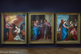 <center>Le musée Goya.</center>L'Annonciation
VERS 1655
HUILE SUR TOILE
La Visitation
VERS 1655 HUILE SUR TOILE
Le Mariage de la Vierge
VERS 1655 HUILE SUR TOILE
Ce cycle de la Vierge Marie appartient à un ensemble réalisé pour l’église de l’Ange Gardien à Grenade. Dans la scène du Mariage de la Vierge, les deux époux échangent leurs vœux devant le grand prêtre. Joseph tient le bâton fleuri (en fleurissant miraculeusement, le bâton a désigné Joseph comme futur époux de Marie parmi les autres prétendants). Il apparaît, selon l’iconographie nouvelle, comme un homme jeune. Marie, au visage â l’ovale parfait, offre un profil d’une pureté classique. Conçues pour être vues à cinq mètres de haut, les figures sont légèrement déformées (cous allongés, jambes raccourcies). Alonso Cano donne ainsi un aspect majestueux et monumental à ces scènes tout en s’inspirant des recherches de beauté idéale des peintres de la Renaissance italienne.