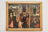 <center>Paray le Monial </center>Triptyque de La Visitation, La Mort de la Vierge, l'Assomption. <br> Bourgogne, début du XVIe siècle. Huile sur panneau de bois. Trois scènes constituent ce triptyque qui provient vraisemblablement du prieuré de Marcigny : A gauche, la Visitation présente la visite de Marie à sa cousine Elisabeth, enceinte de Jean-Baptiste. Le panneau central dépeint la mort de la Vierge Marie, étendue sur son lit face au spectateur, est entourée de onze apôtres, qui se retrouvent miraculeusement à son chevet, alors qu'ils s'étaient dispersés pour évangéliser le monde. Sur le panneau de droite l'Assomption de la Vierge présente Marie élevée corps et âme auprès de Dieu.