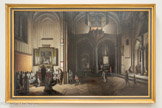 <center>Paray le Monial </center>Intérieur d'église. Henri van Steinwick le Jeune (1580-1649). <br> Signé et daté, 1623. Huile sur toile. La partie éclairée attire d'abord le regard vers le prêtre qui officie face à l'autel, pratique en vigueur jusqu'au concile Vatican II (1962-1965). L'atmosphère contrastée, entre espaces lumineux et zones d'ombres, témoigne de la virtuosité du peintre.