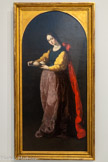 <center>Sainte Agathe</center>Francisco de Zurbaràn
(Fuente de Cantos, 1598 - Madrid, 1664)
 Vers 1635-1640
Huile sur toile
Montpellier, musée Fabre, achat de la Ville, 1852. <br> « C’est la couleur si particulière de Zurbaran qui me touche : [...] les accords de mauve et de jaune, le mauve de la jupe et le jaune des manches, si lumineux, si actif, la grande oblique rouge du manteau ou le plus discret bleu verdâtre du corsage, le tout sur un fond noir ».
Alors qu’il prépare le professorat de dessin aux beaux-arts de Montpellier depuis avril 1941, Soulages, en compagnie de sa future épouse Colette Llaurens, est un visiteur assidu des salles du musée Fabre, qui partage alors le même bâtiment que l’école. La Sainte Agathe de Francisco de Zurbaran, peintre du Siècle d’or espagnol, ne le laisse pas indifférent. Sainte de la Contre-Réforme, Agathe souhaite consacrer sa vie au Christ et refuse les avances du consul païen, Quintianus, qui la condamne à d’atroces supplices, dont celui de se faire arracher les seins.