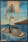 <center>Ex-voto représentant le miracle d'Andréa Anfosso</center>Lampedusa, Italie XXe siècle. Huile sur toile
Parrocchia San Geriando