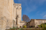 <center>Les jardins du Palais</center>Tourelle abritant l'escalier en colimaçon, la tour des cuisines, avec le sommet de la cheminée, la tour de Trouillas.